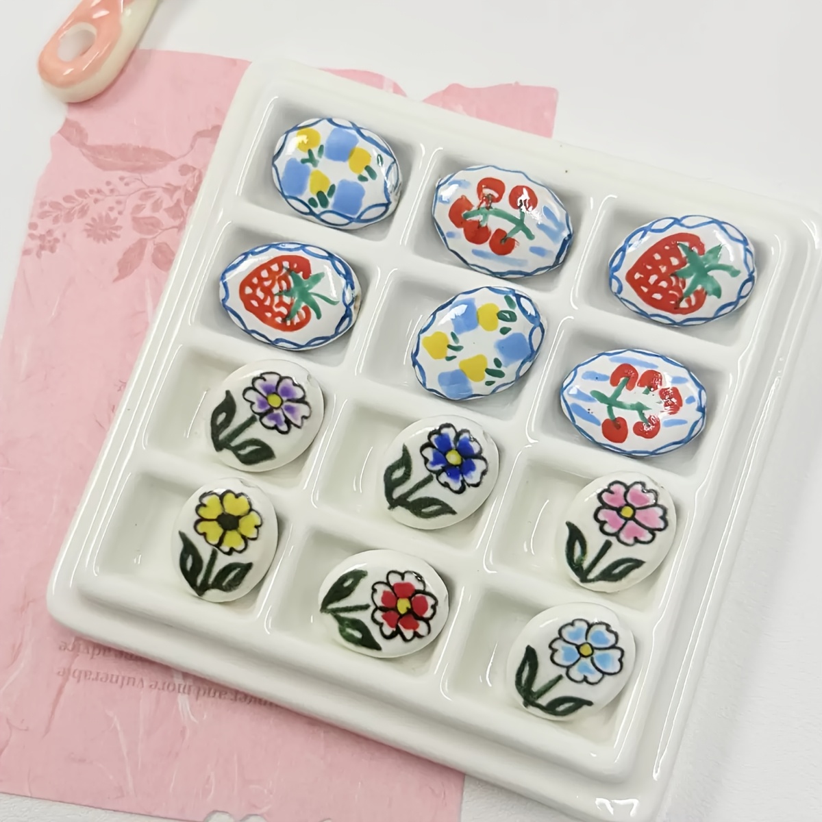 Hand Drawn Painted Fruit Vintage Ceramic Beads, 3pcs